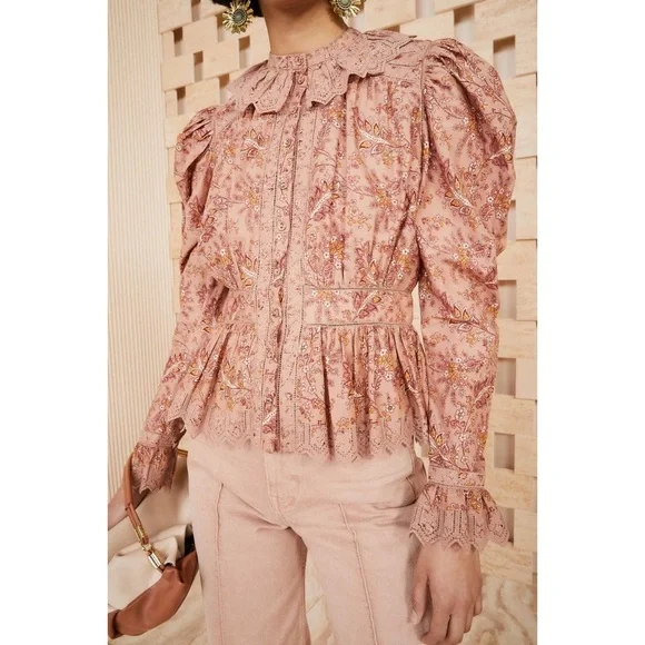 nwt ulla johnson  brigitte paisley lace blouse in foxglove mauve, size 4 - Picture 3 of 11